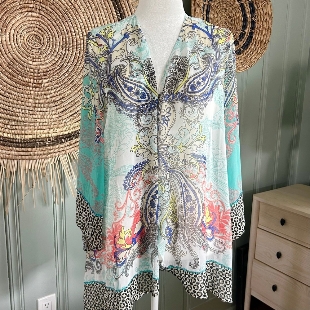NWT Soft Surroundings "Muse" Kimono Tunic Top Paisley Print Sequin Trim Size L